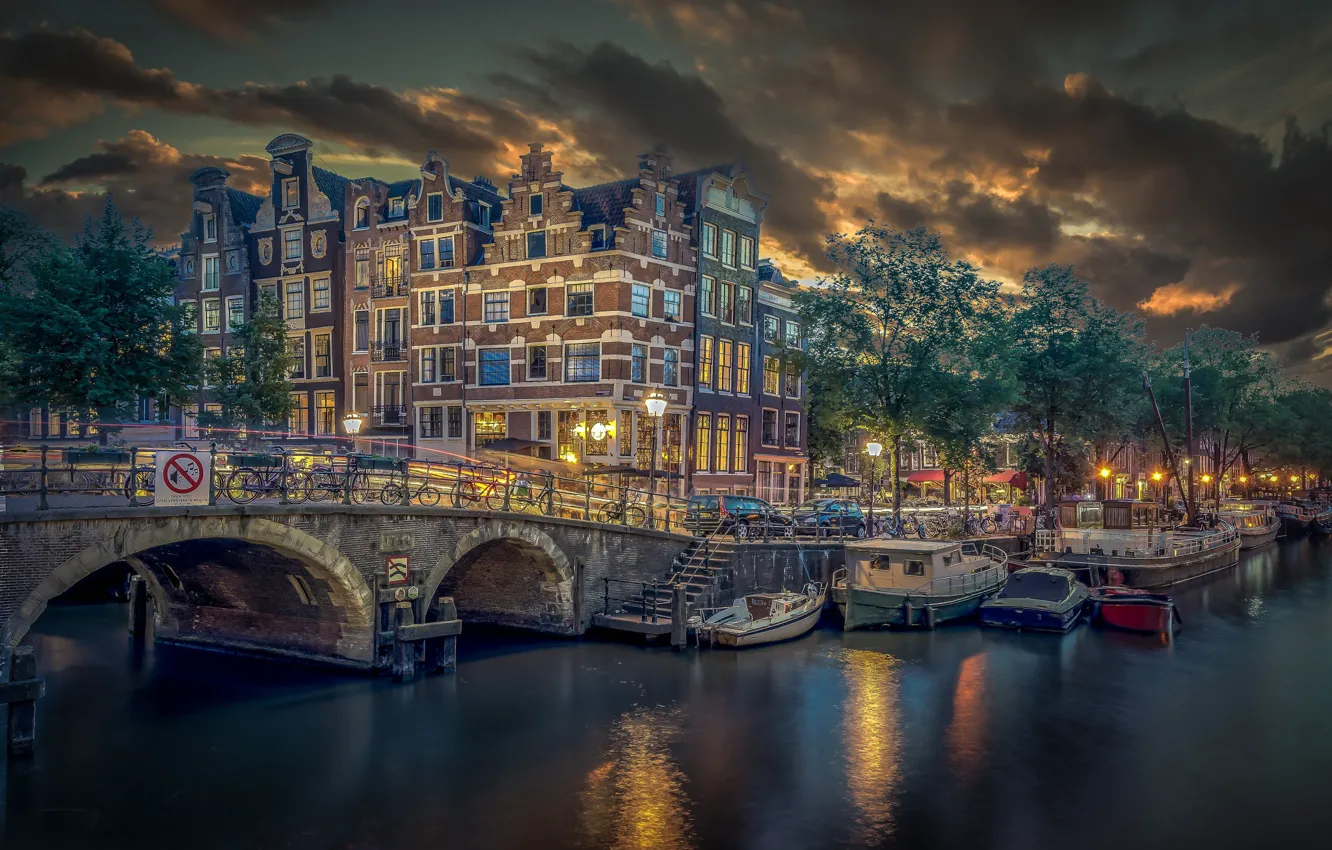 Photo wallpaper bridge, boat, building, pier, Amsterdam, channel, Netherlands, Amsterdam