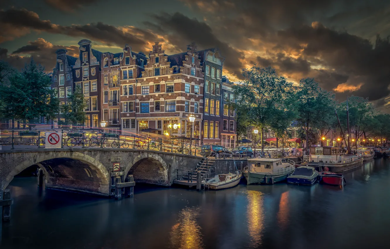 Photo wallpaper bridge, building, boats, pier, Amsterdam, channel, Netherlands, Amsterdam