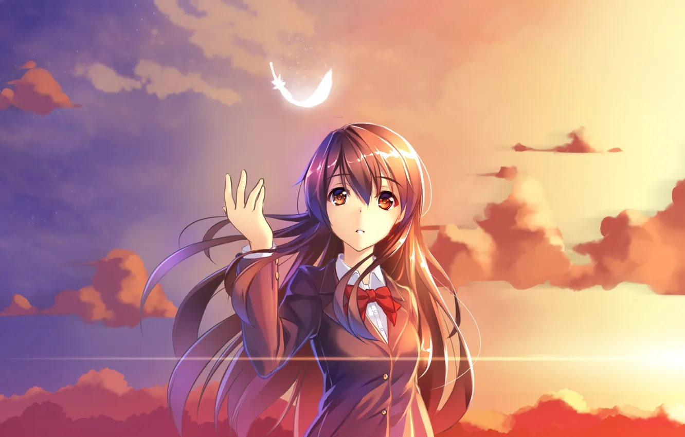 Photo wallpaper girl, sunset, anime, feathers, art, form, schoolgirl, ame no uta