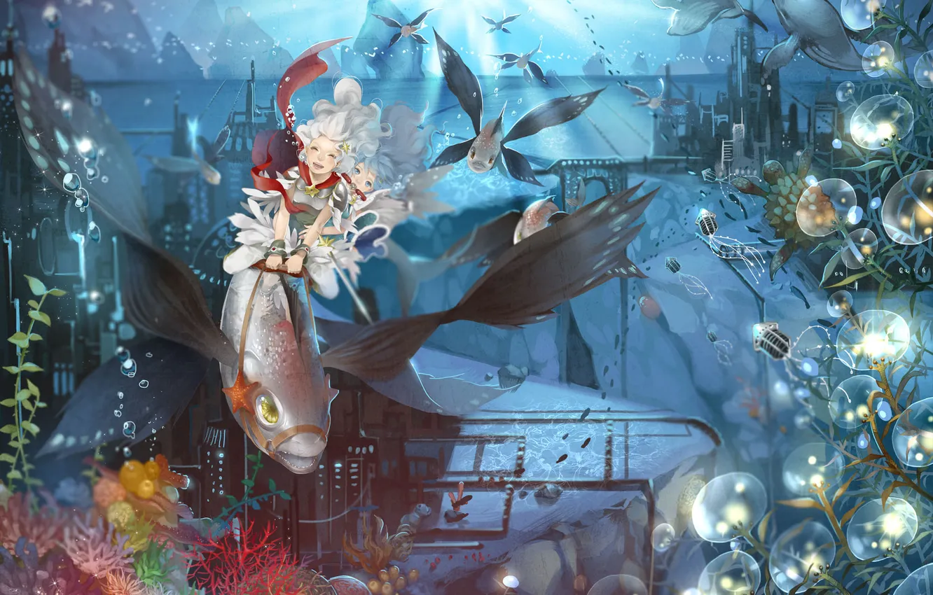 Photo wallpaper the city, fish, girl, starfish