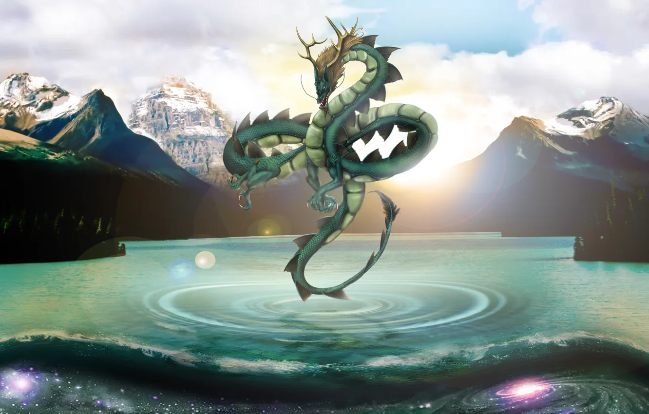 Photo wallpaper the sky, water, the sun, clouds, rays, light, mountains, fiction