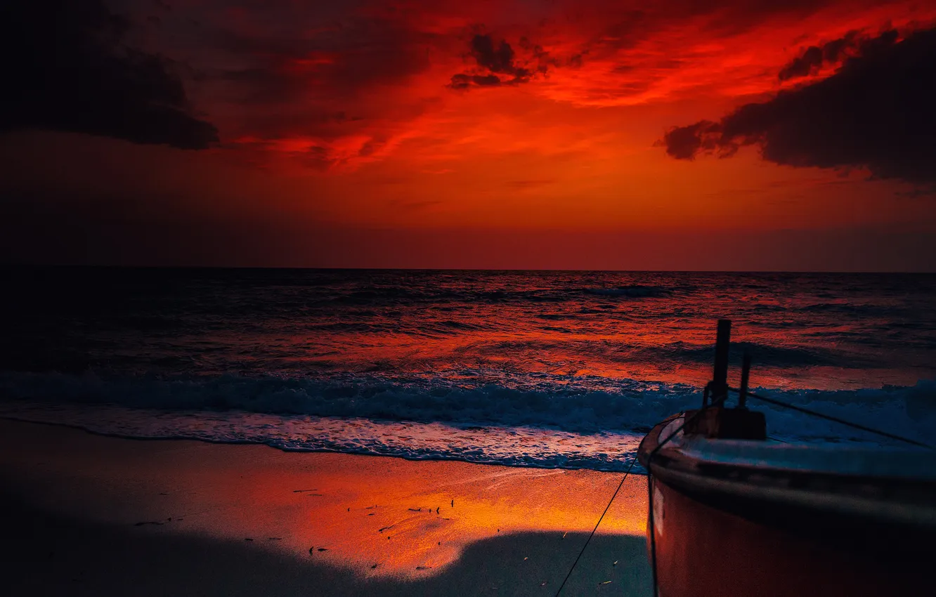 Photo wallpaper sea, the sky, clouds, sunset, clouds, boat