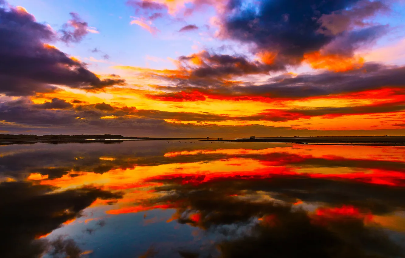 Photo wallpaper the sky, water, clouds, nature, reflection, paint, glow