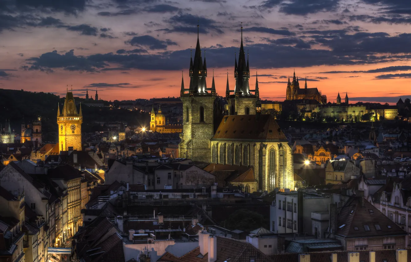 Photo wallpaper the sky, clouds, sunset, orange, the evening, Prague, Czech Republic, lighting