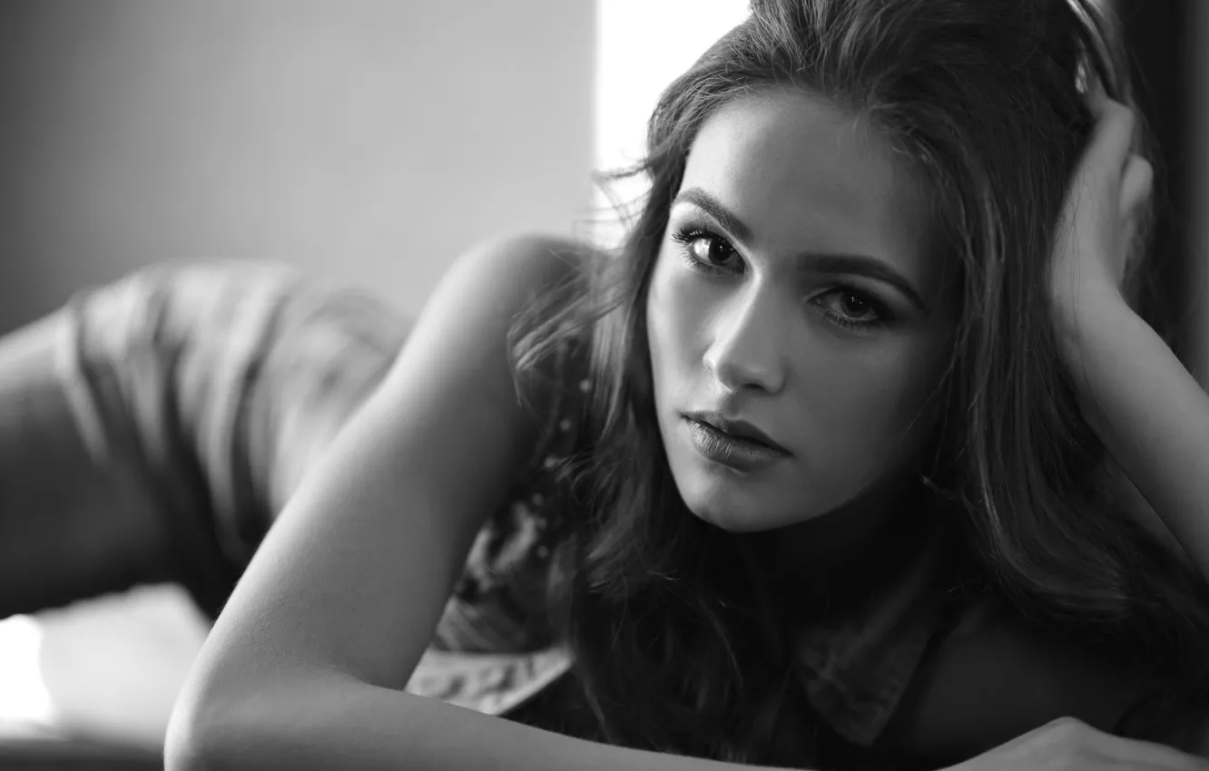 Photo wallpaper look, girl, lies, black and white, monochrome, monochrome, cute, black and white