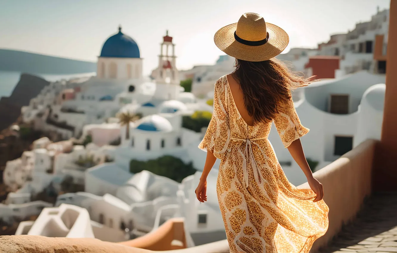 Photo wallpaper girl, model, back, hat, dress, panorama