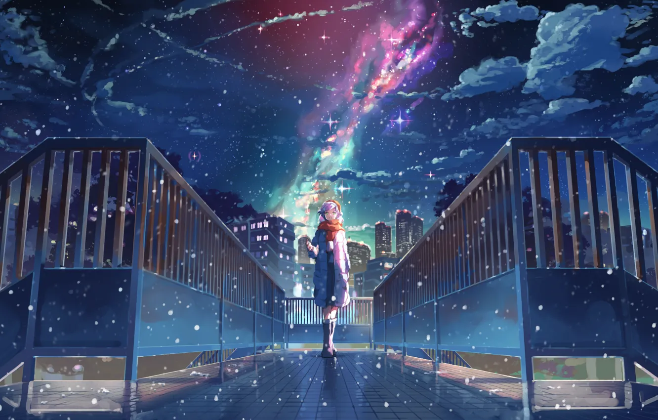 Photo wallpaper the sky, girl, snow, night, home, the milky way