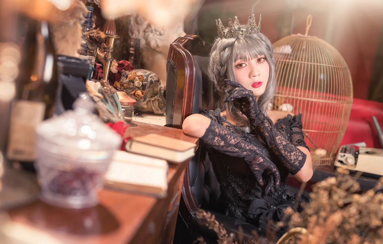 Photo wallpaper look, girl, orange, pose, style, table, room, Gothic