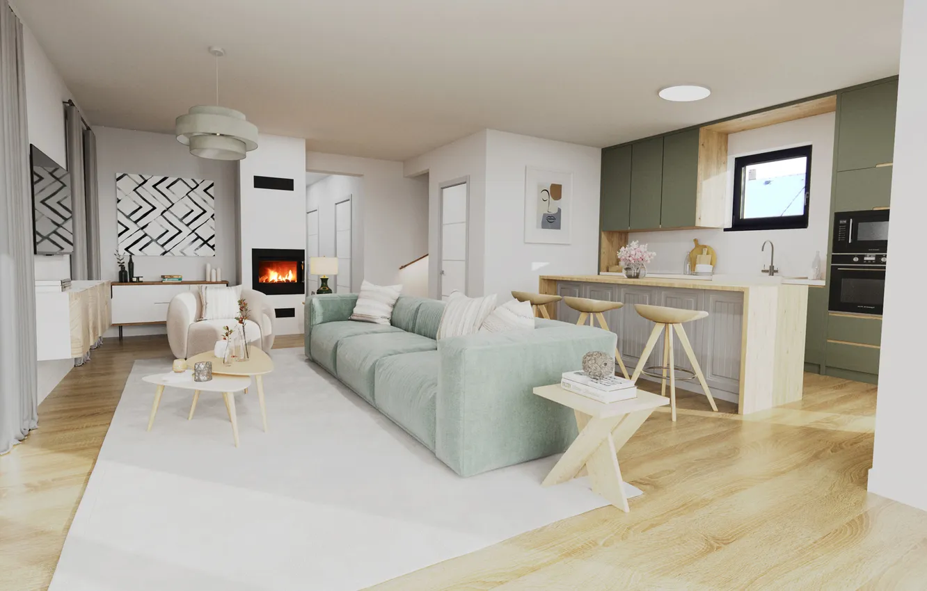 Photo wallpaper design, style, interior, Czech Republic, kitchen, fireplace, living room, Stirin