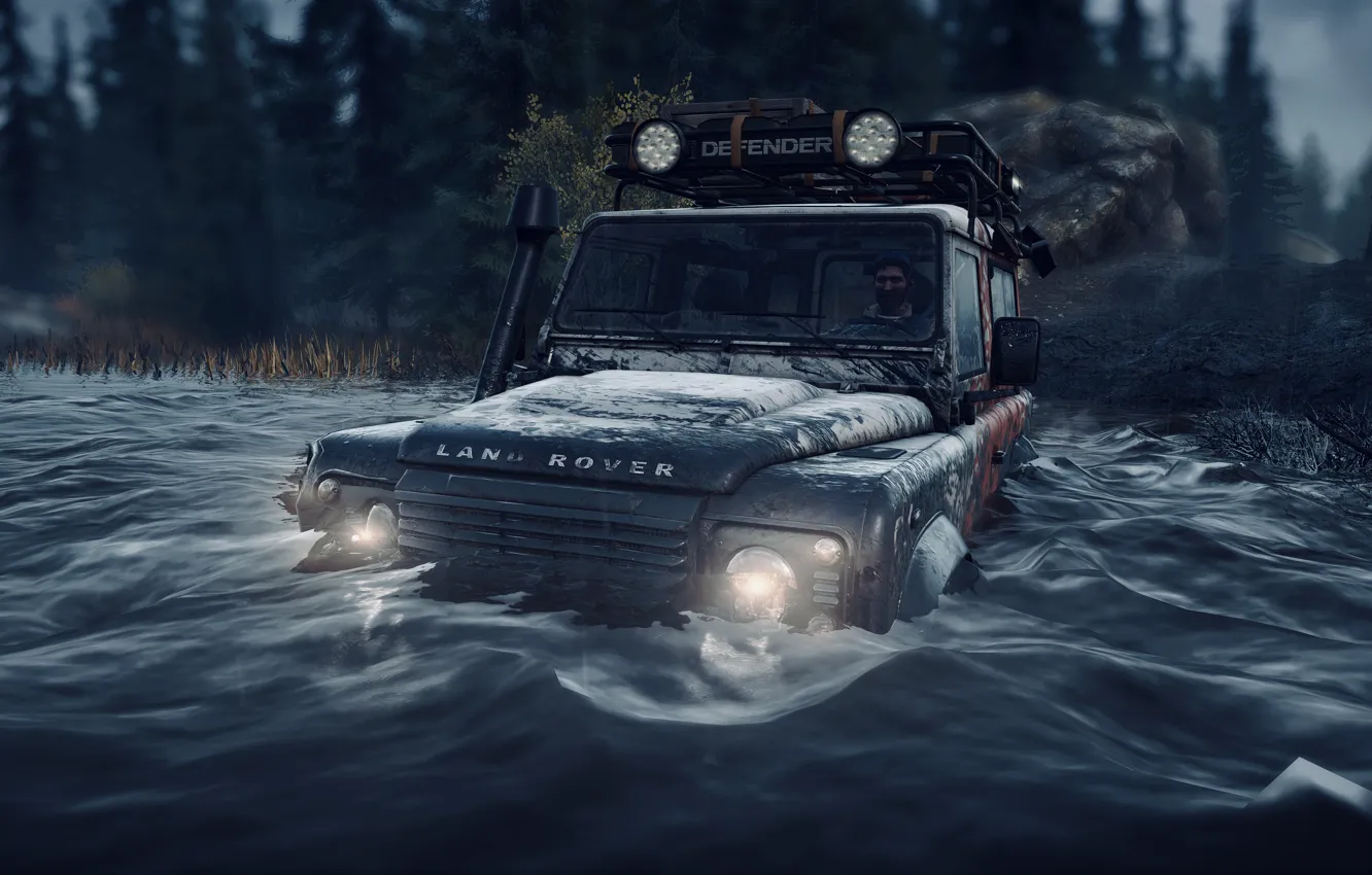 Photo wallpaper lights, HDR, Land Rover, game, river, wood, water, Defender
