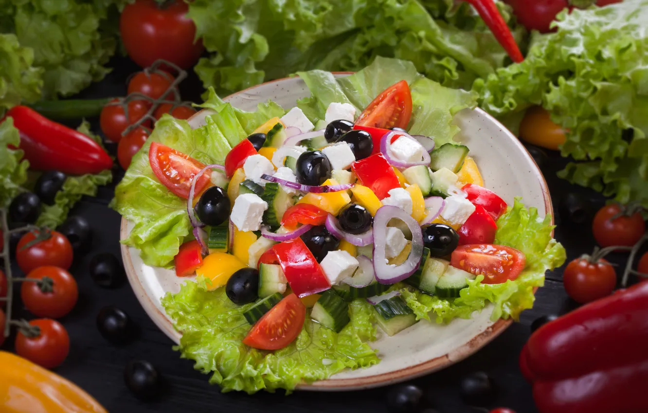 Photo wallpaper cucumber, bow, pepper, vegetables, tomatoes, salad, olives, Greek