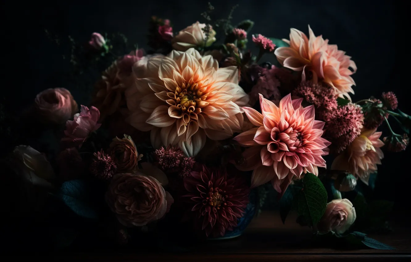 Photo wallpaper light, flowers, the dark background, table, roses, bouquet, vase, cream