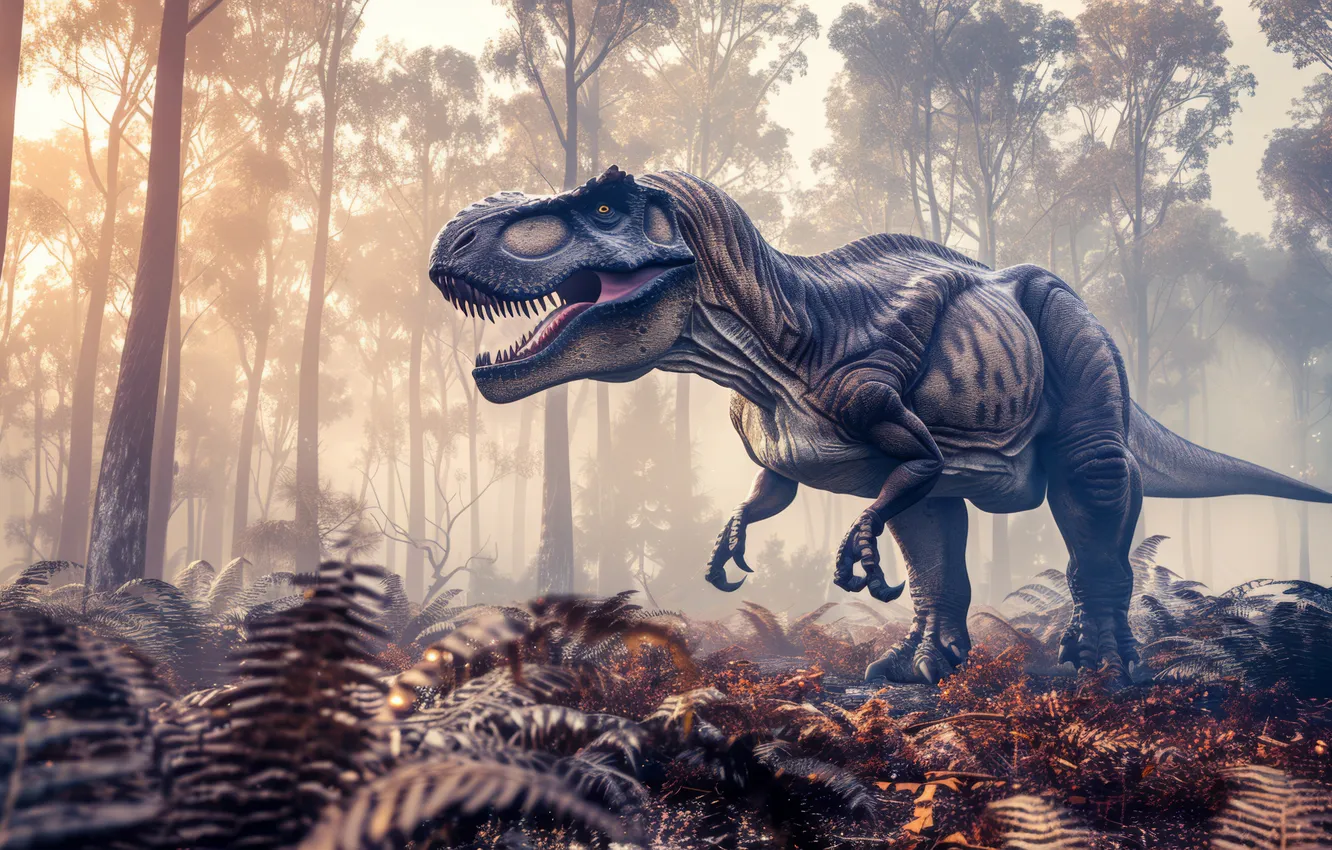 Photo wallpaper grass, trees, animal, dinosaur, predator, Tyrannosaurus, digital art, Tyrannosaurus Rex