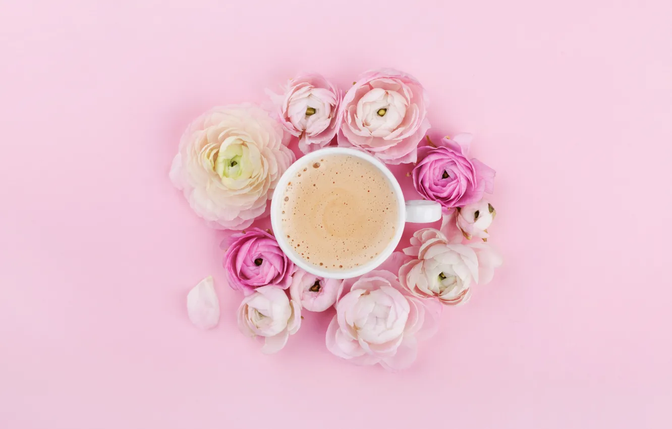 Photo wallpaper flowers, pink, coffee, Cup, pink, coffe, cappuccino, runkulus