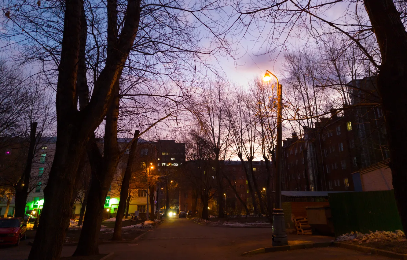 Photo wallpaper winter, the sky, clouds, trees, street, home, lights, Russia