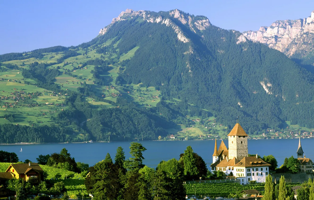 Photo wallpaper lake, castle, Switzerland