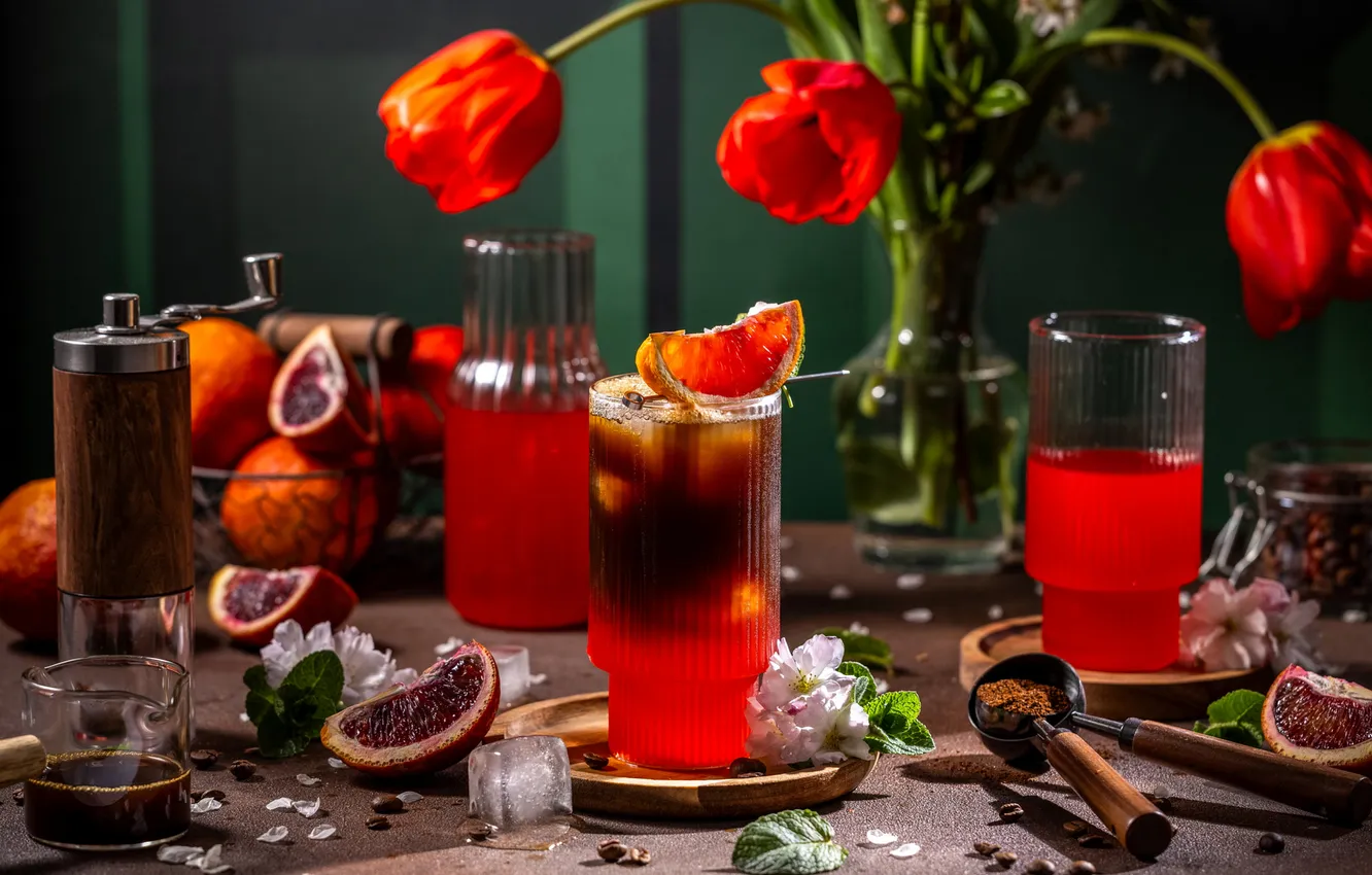 Photo wallpaper table, glass, tulips, drink