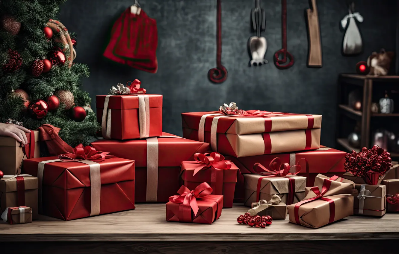 Photo wallpaper decoration, gift, balls, tree, new year, Christmas, Christmas, New Year