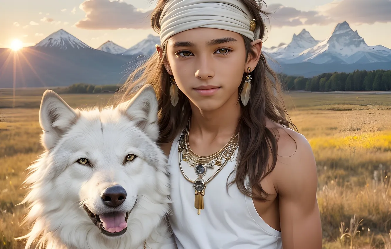 Photo wallpaper art, wolf, kid, . art