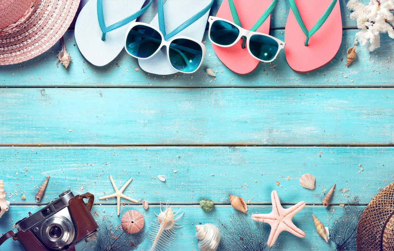 Photo wallpaper beach, summer, stars, stay, hat, glasses, shell, summer