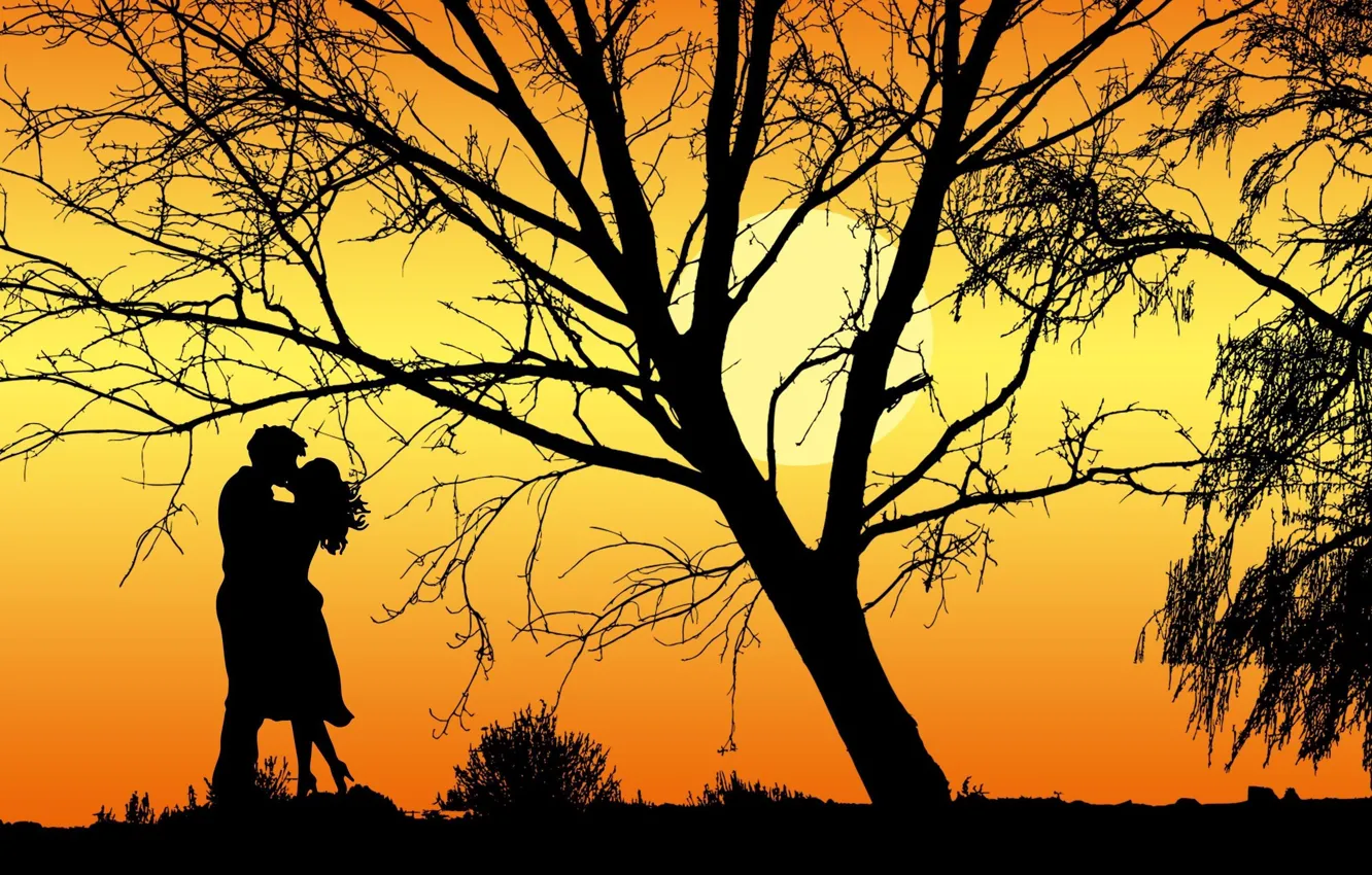 Photo wallpaper sunset, woman, kiss, the evening, male, two