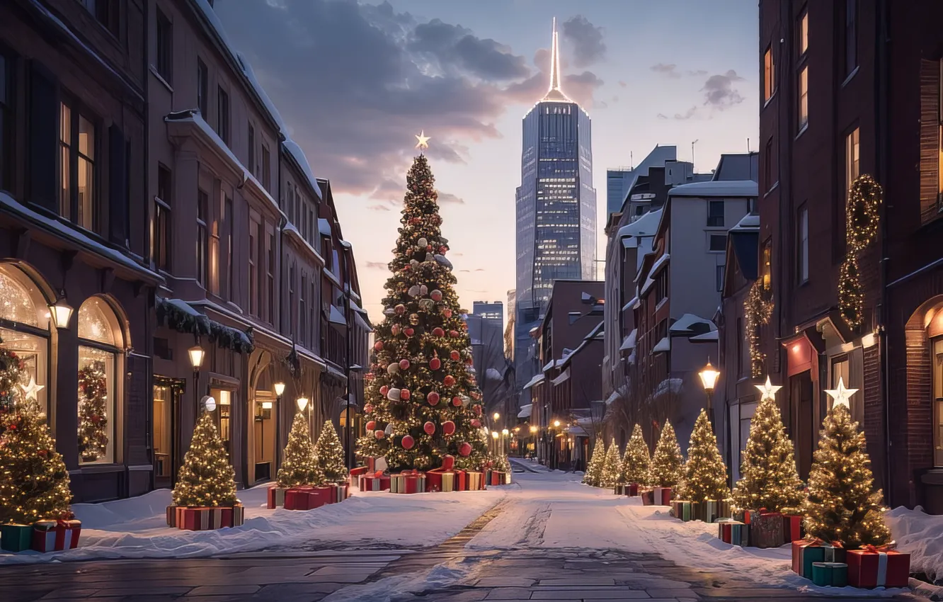 Photo wallpaper winter, snow, decoration, night, the city, lights, street, tree