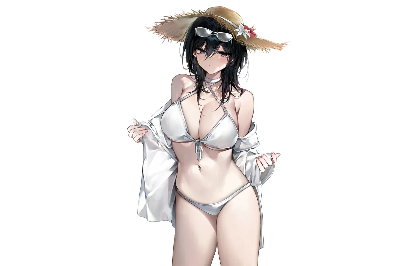 Photo wallpaper girl, sexy, wet, cleavage, long hair, hat, boobs, anime