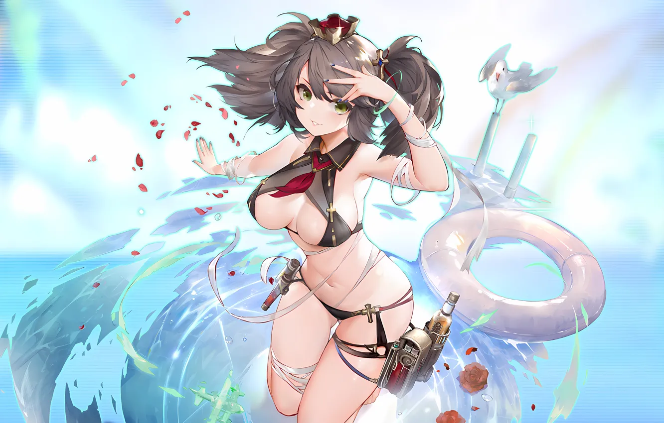 Photo wallpaper girl, sexy, cleavage, long hair, sea, brown hair, boobs, anime