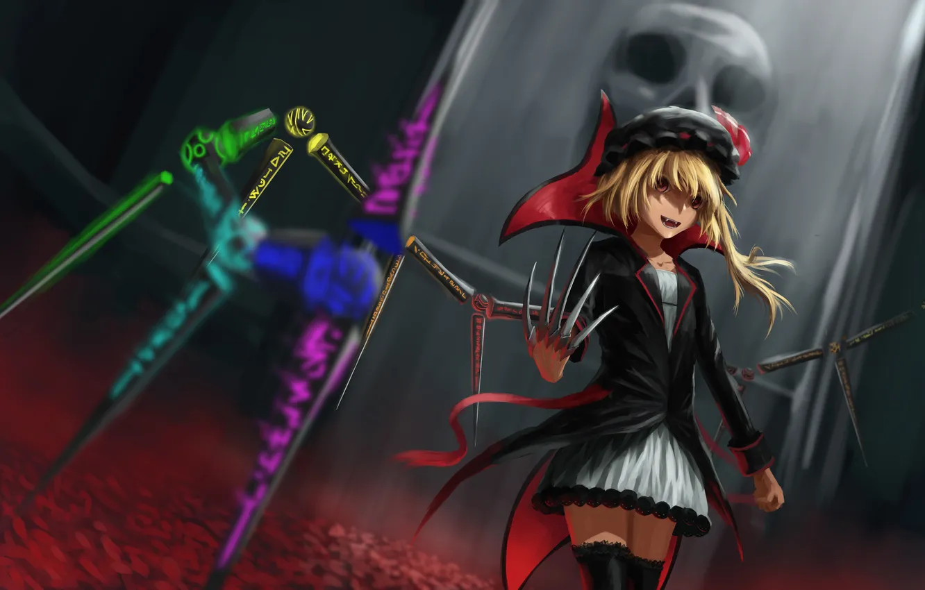 Photo wallpaper girl, smile, skull, wings, anime, art, cap, touhou