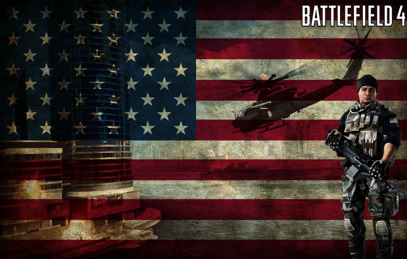 Photo wallpaper USA, weapon, helicopter, flag, American, Battlefield 4, Video Game, heavy gun