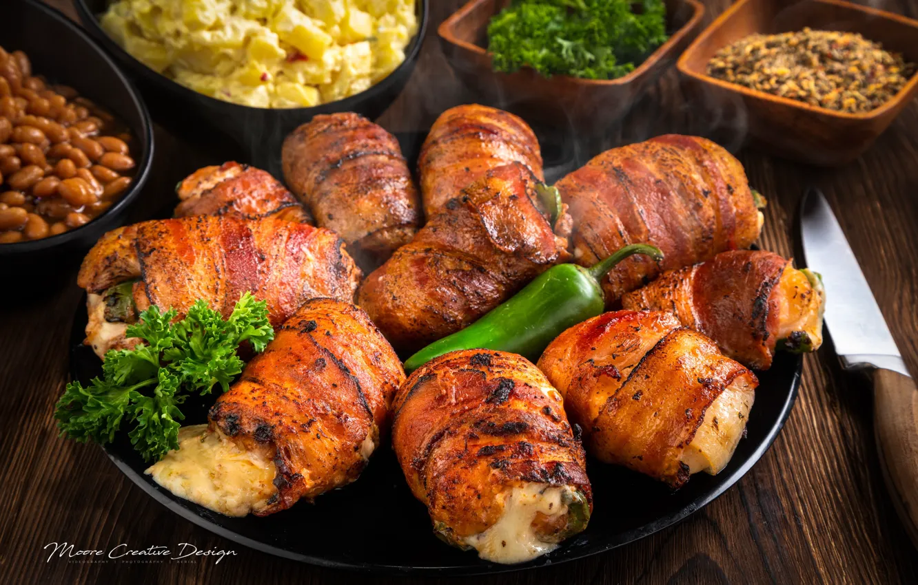 Photo wallpaper meat, pepper, parsley, dish, rolls