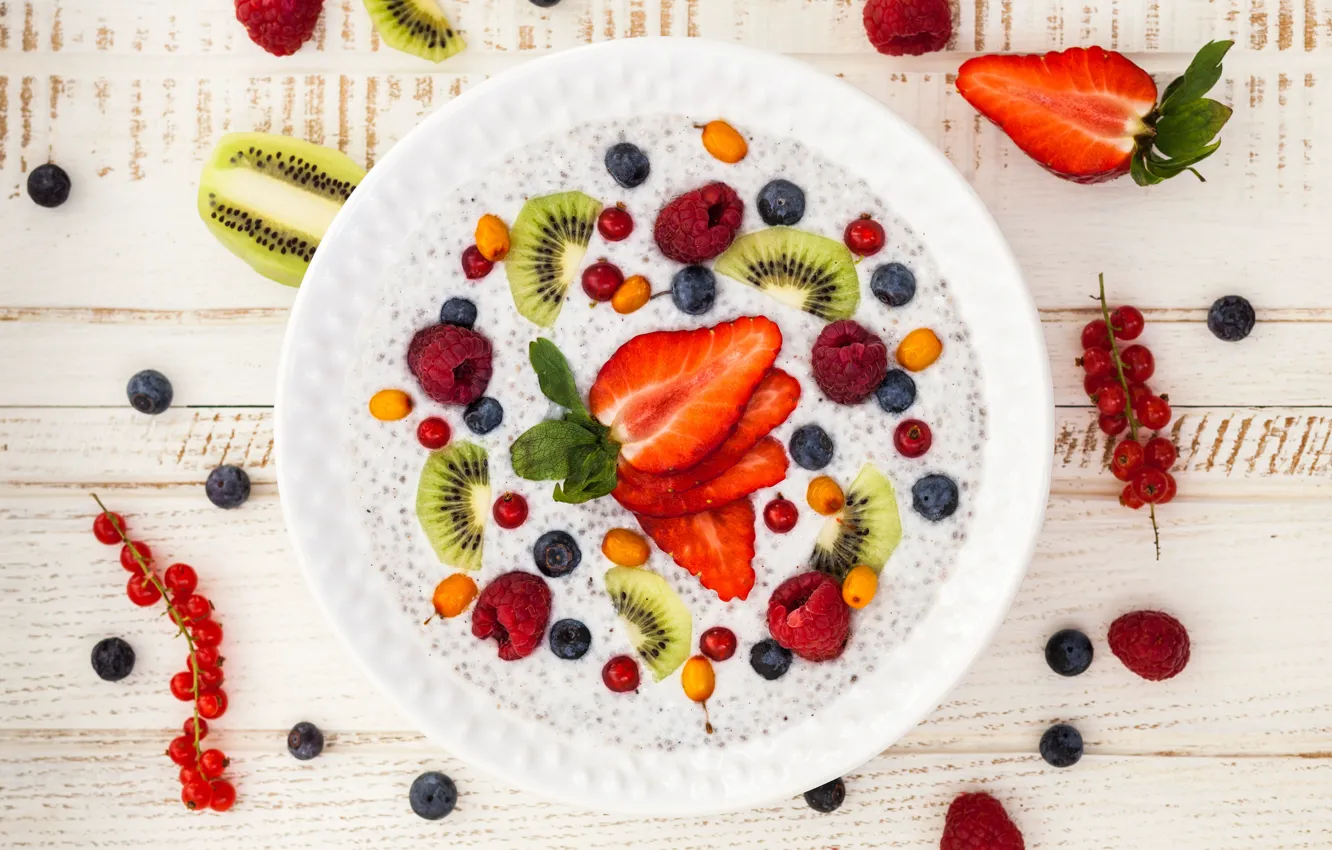 Photo wallpaper berries, raspberry, Breakfast, kiwi, blueberries, strawberry, fruit, berries