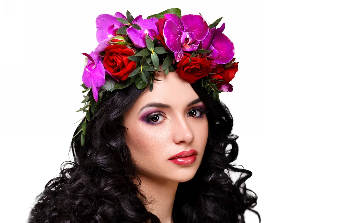 Photo wallpaper look, girl, flowers, face, hair, brunette, wreath
