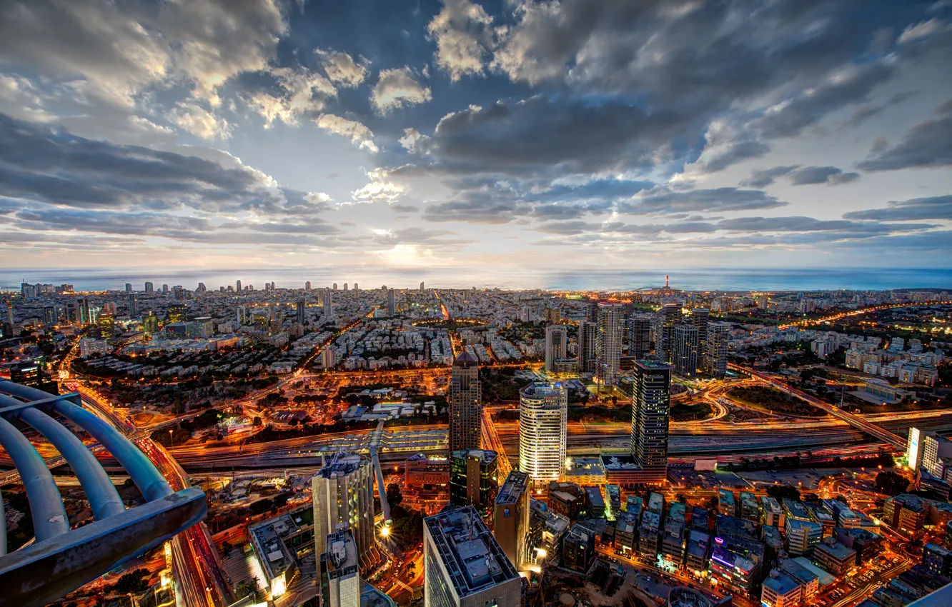 Photo wallpaper the sky, clouds, the city, lights, building, road, home, dal