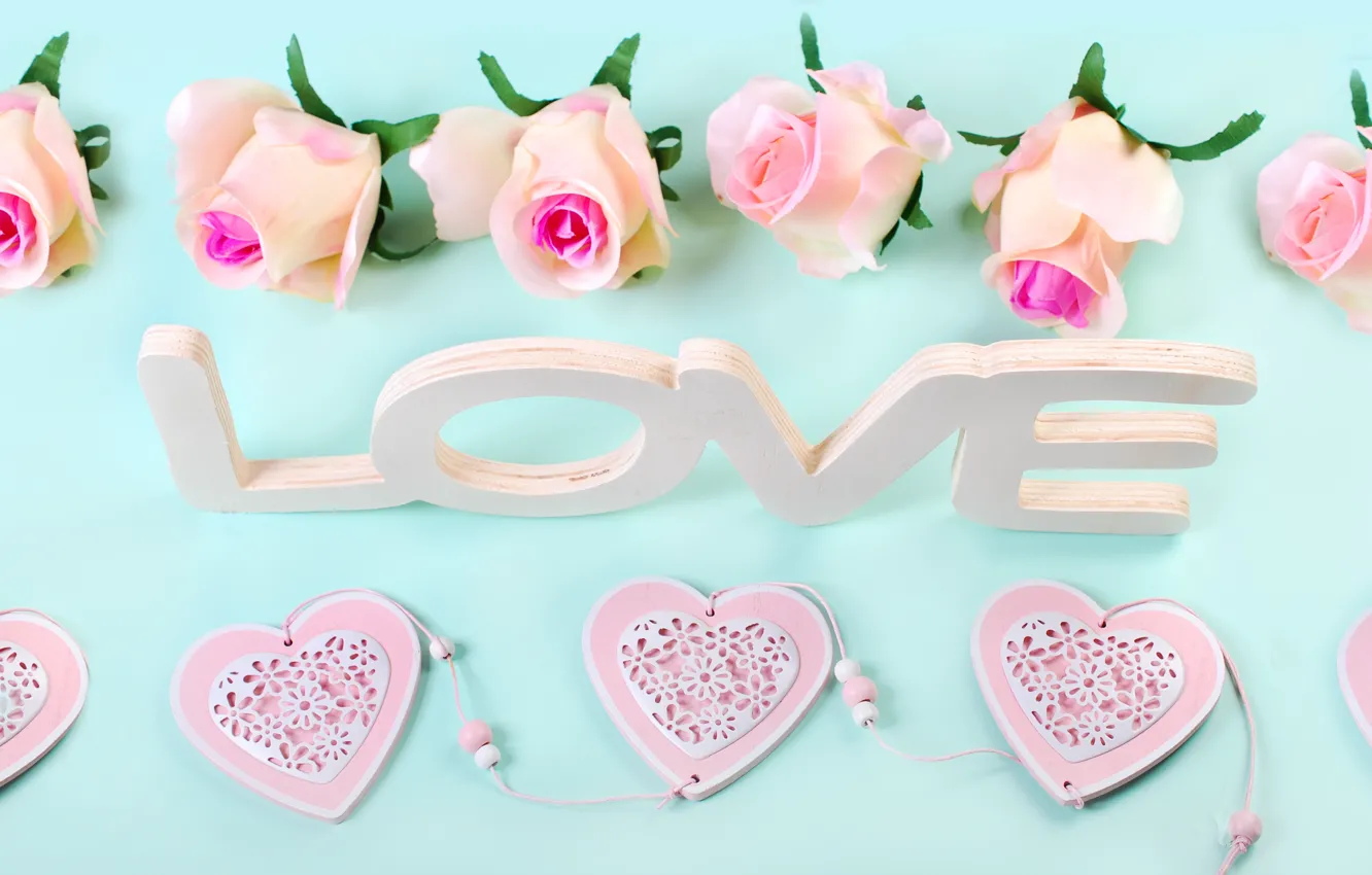Photo wallpaper roses, hearts, love, heart, wood, pink, flowers, romantic