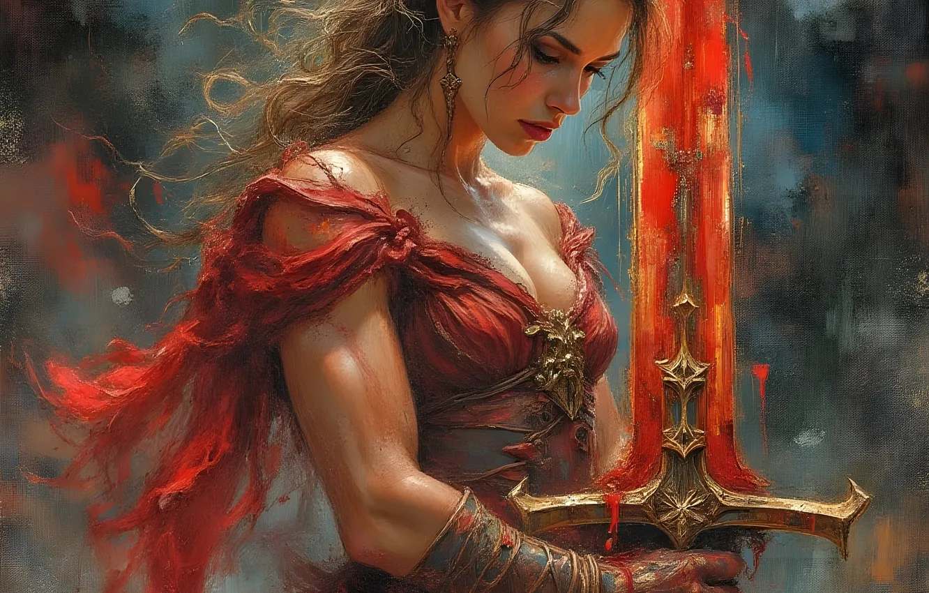 Photo wallpaper girl, pose, sword, figure, fantasy, brown hair, warrior, flowing hair