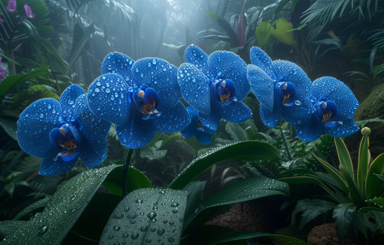 Photo wallpaper leaves, drops, flowers, blue, fog, tropics, rain, thickets