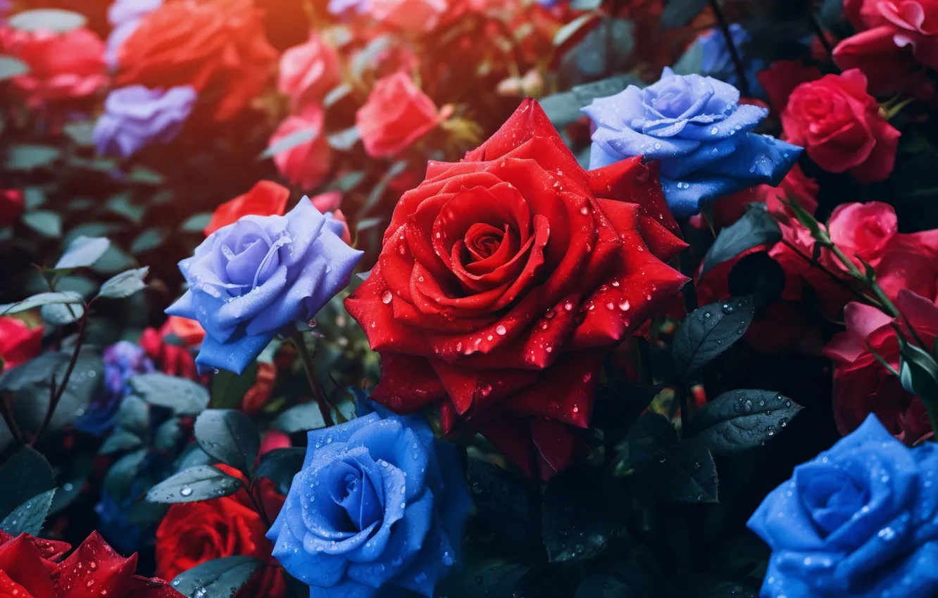 Photo wallpaper summer, flowers, roses, garden, rose bushes, AI art, neural network