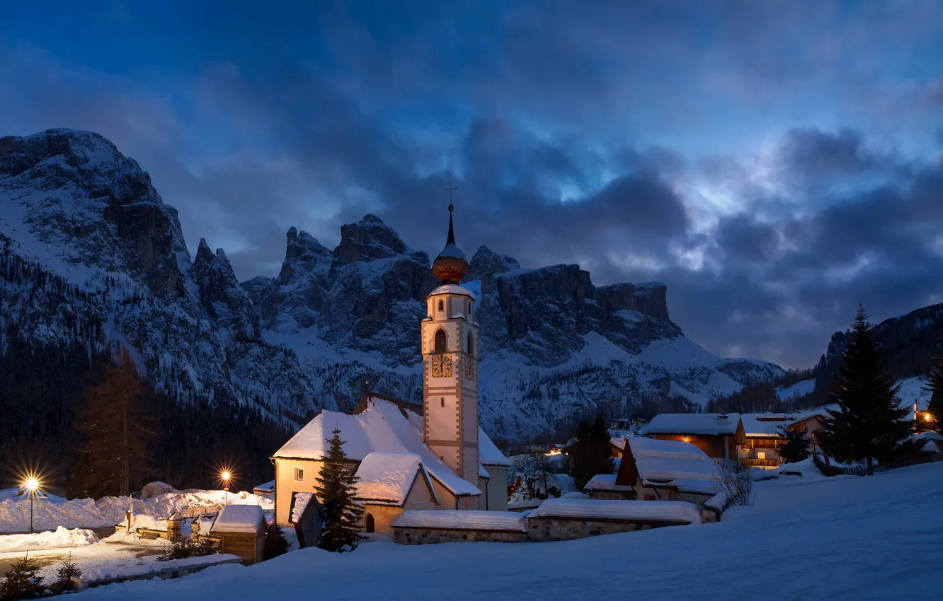 Photo wallpaper winter, snow, landscape, mountains, nature, home, Italy, Church