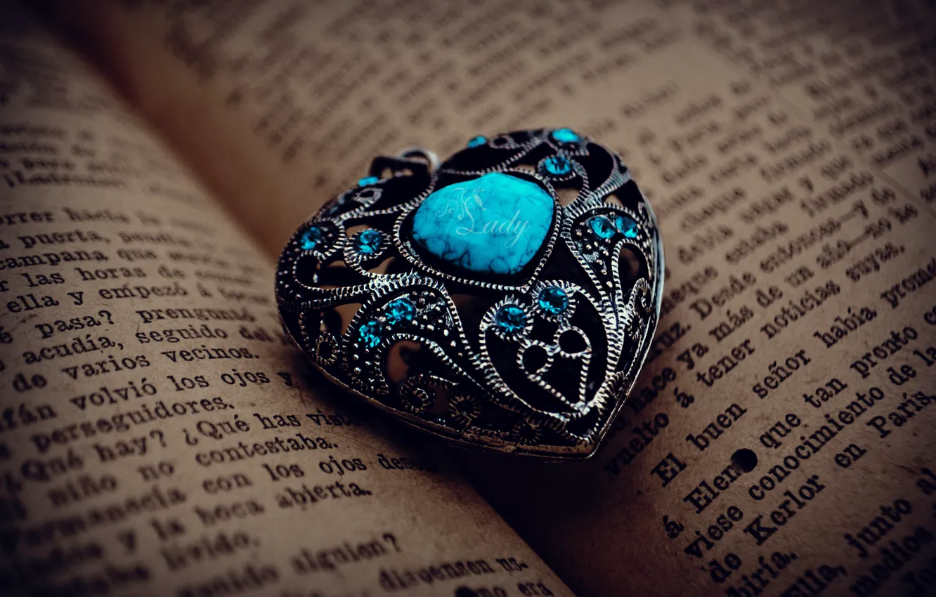Photo wallpaper metal, pattern, stone, heart, pendant, book, page, turquoise