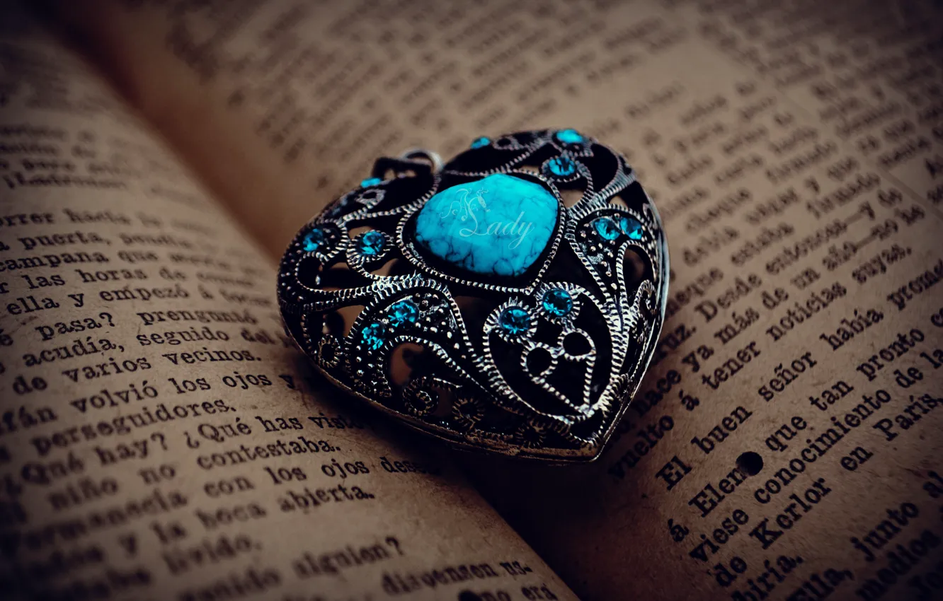 Photo wallpaper metal, stones, pattern, heart, pendant, book, page, turquoise