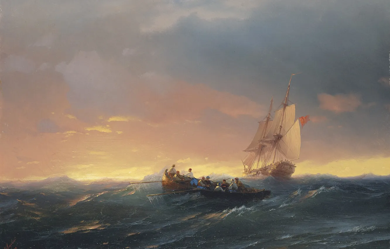 Photo wallpaper sea, boat, picture, seascape, Ivan Aivazovsky, Ships on the Waves at Sunset