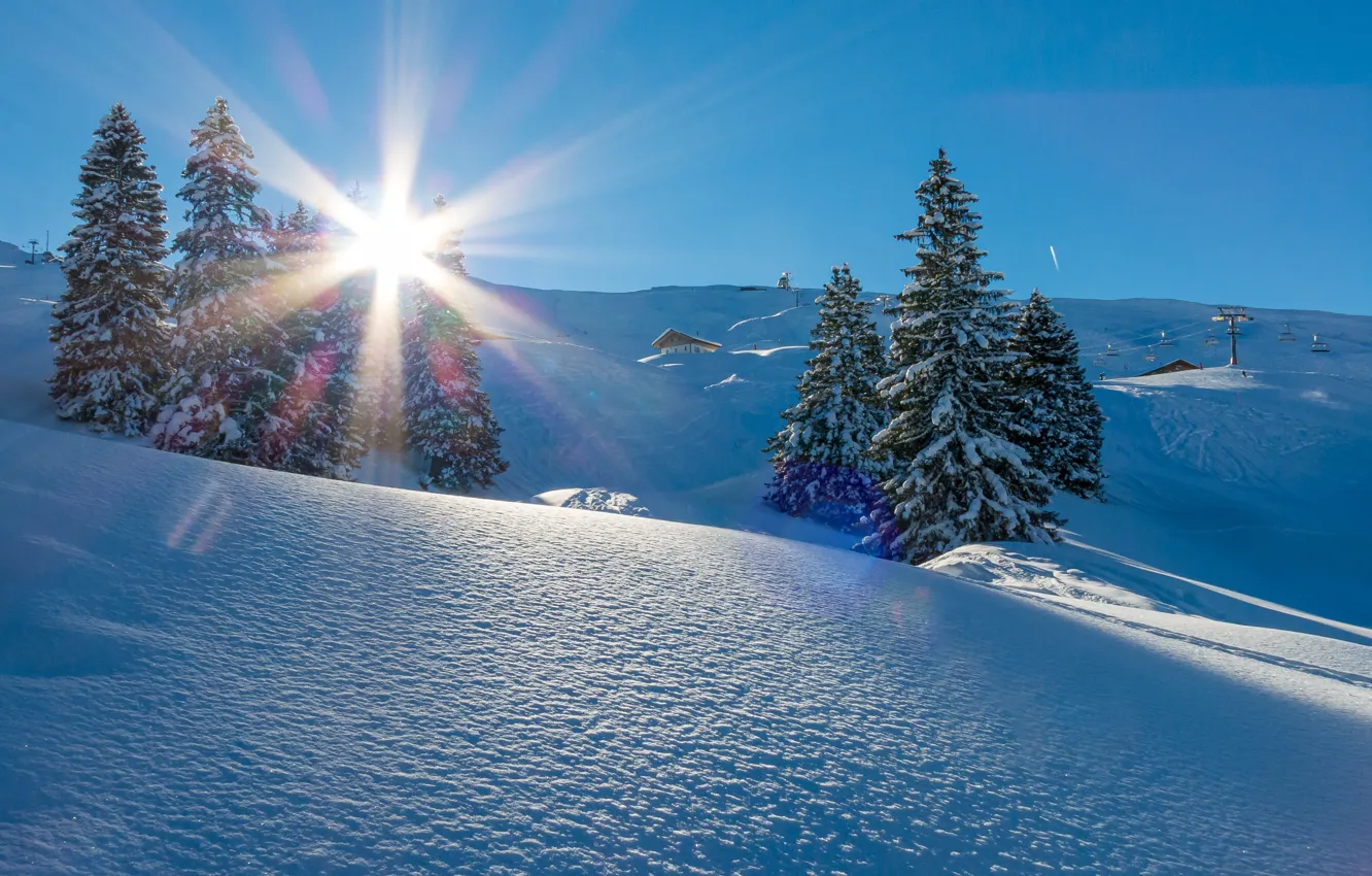 Photo wallpaper winter, the sun, rays, snow, trees, landscape, mountains, nature