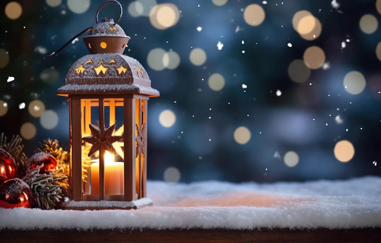 Photo wallpaper winter, snow, night, new year, Christmas, lights, Christmas, night