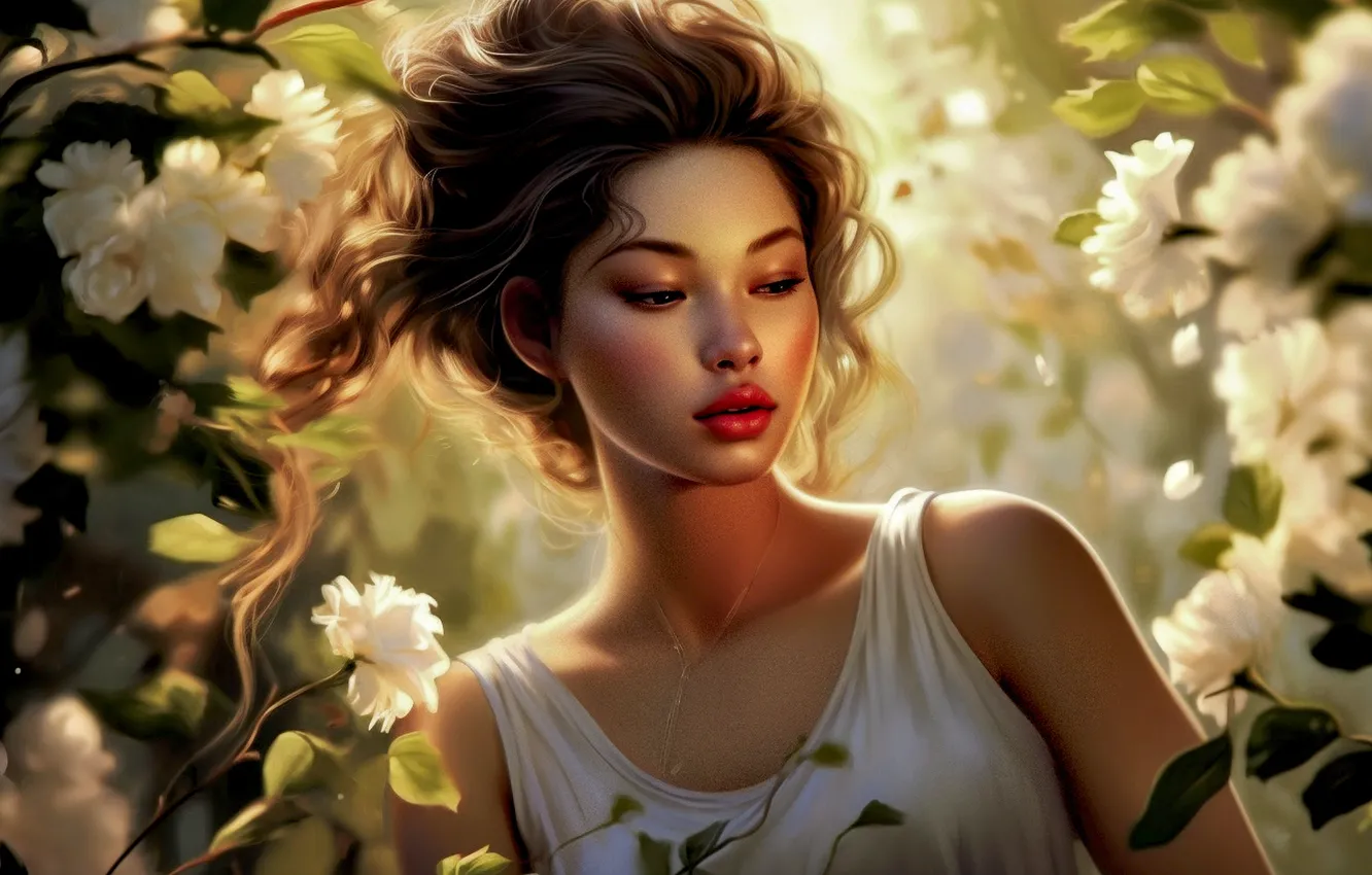 Photo wallpaper look, girl, light, flowers, pose, portrait, garden, art