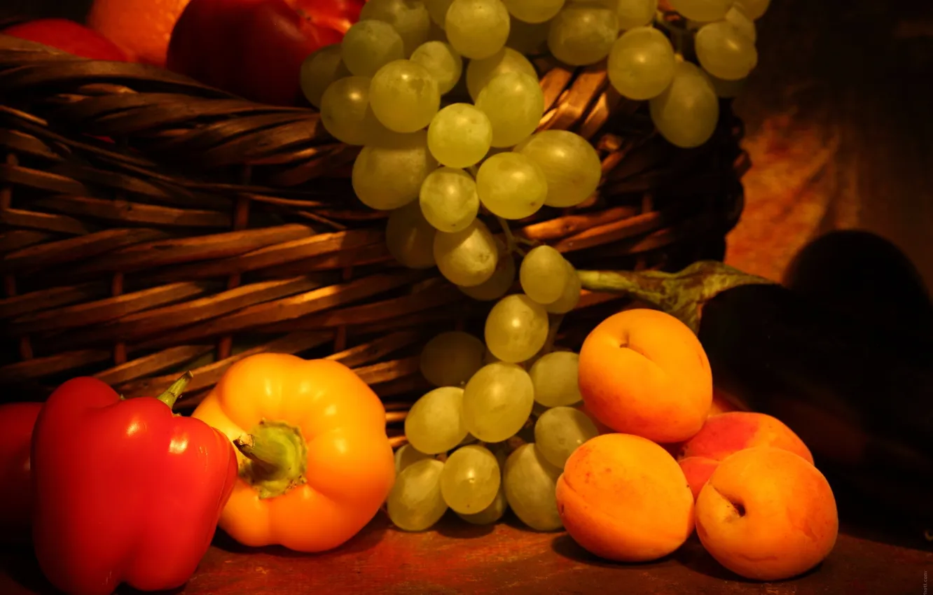 Photo wallpaper basket, grapes, bunch, pepper, fruit, apricots