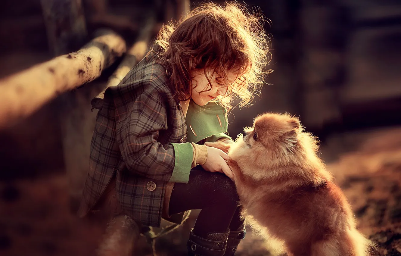 Photo wallpaper children, the game, dog, girl, baby, dog, Spitz, Darya Stepanova