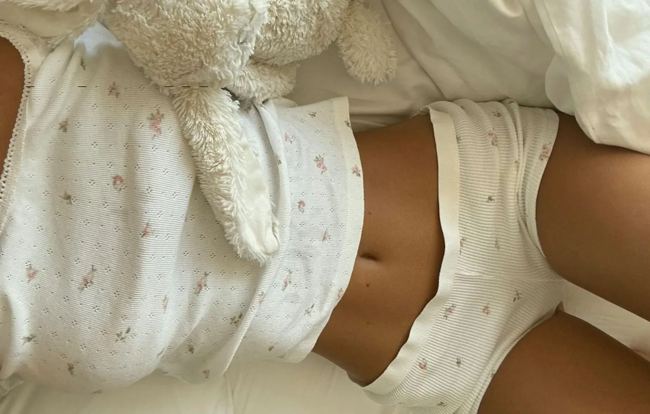 Photo wallpaper girl, bed, shorts, slender legs, pajamas, Plush Toy