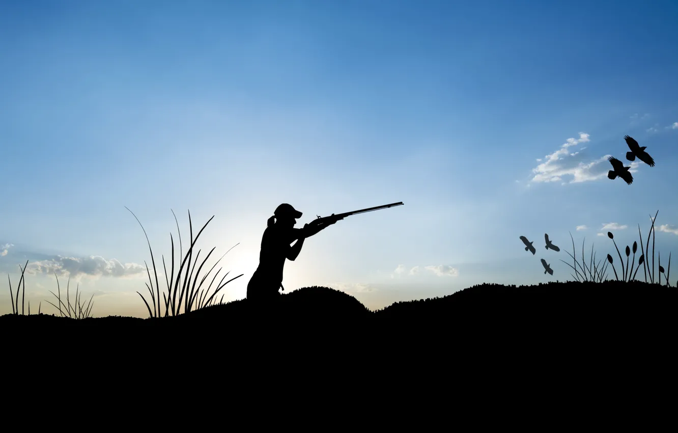Photo wallpaper shotgun, ducks, hunting, female figure