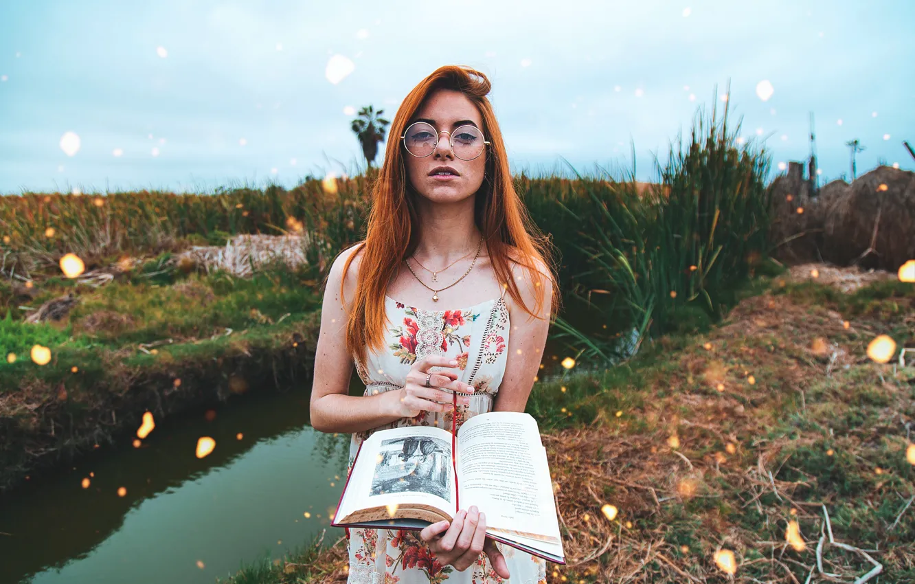 Photo wallpaper girl, river, water, women, book
